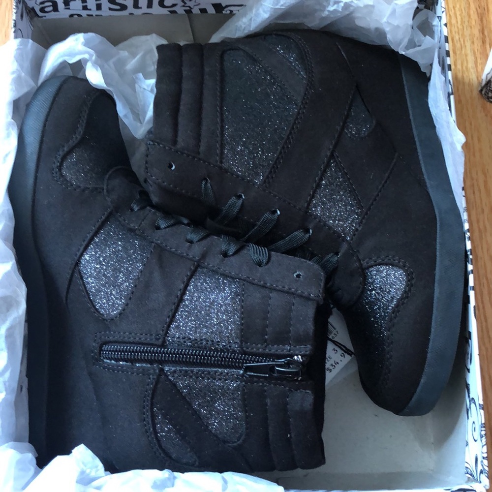 Girls black shoe boot wedge heel. New with tags in box. Size 3.